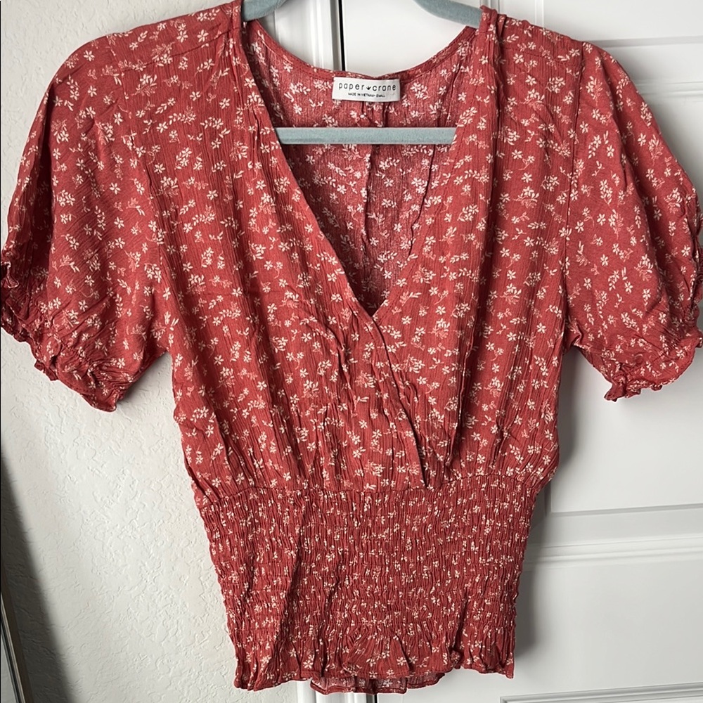 Paper Crane Red Puff Sleeve Smocked Blouse